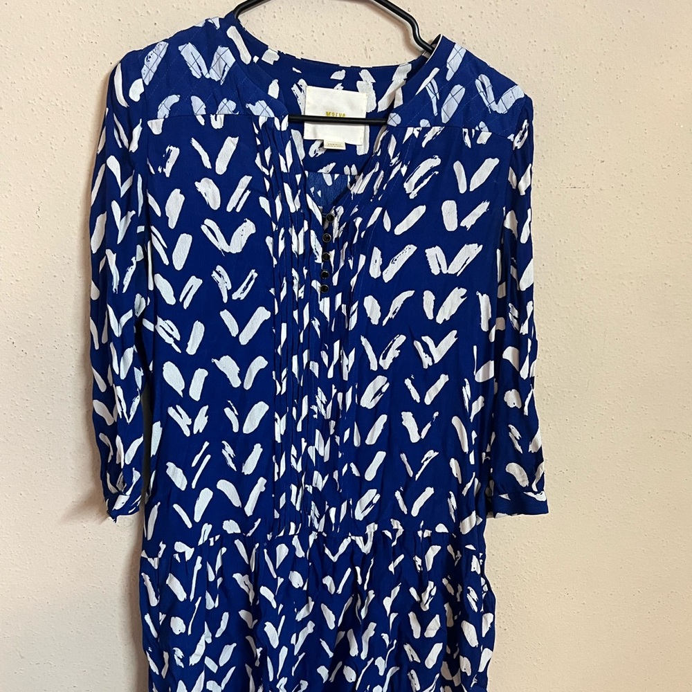 Anthropologie Maeve Caravane Dress Tunic Drop Waist Blue White Size XSmall